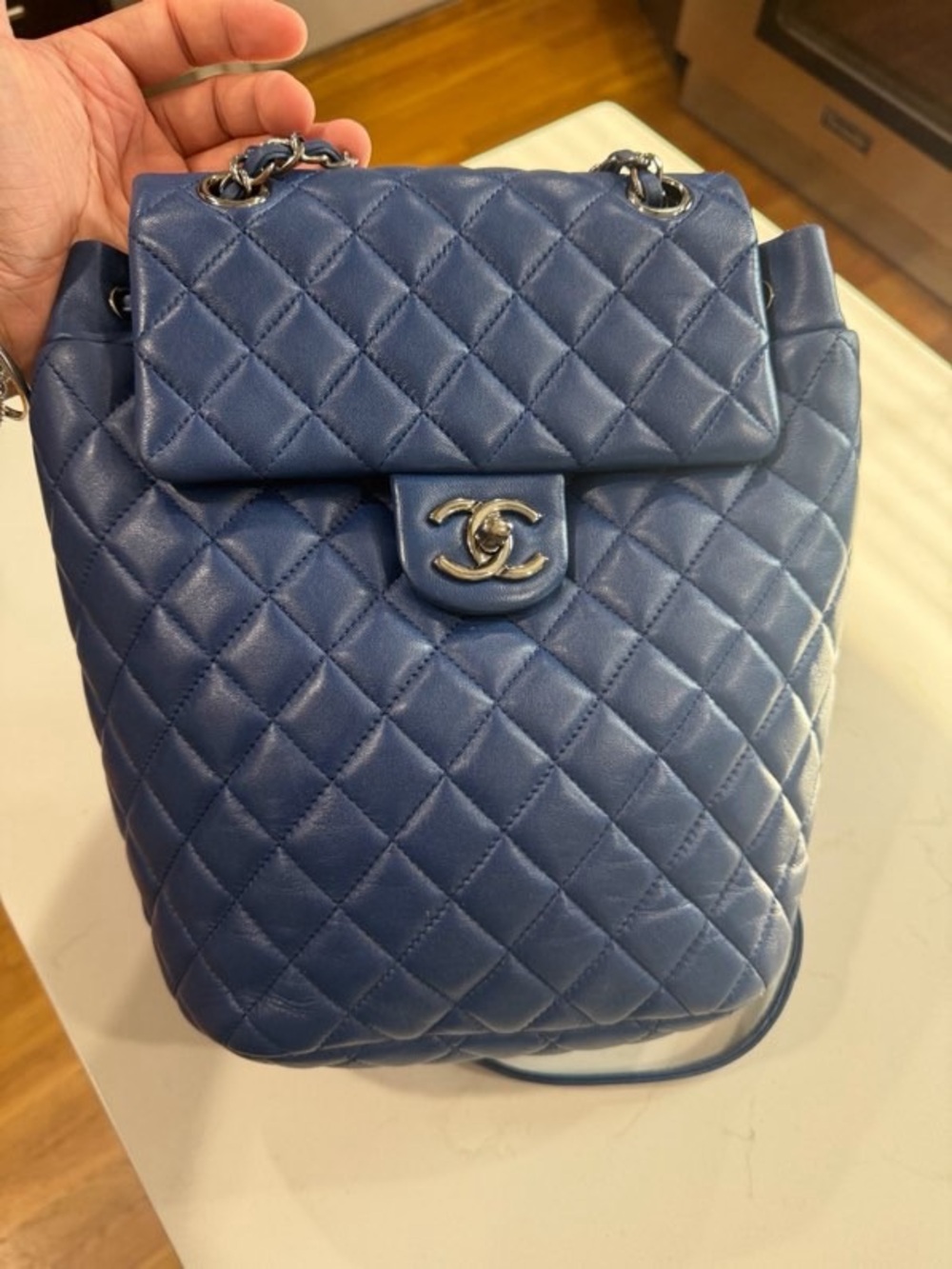 CHANEL Quilted Lambskin Backpack in Blue with Silver Hardware